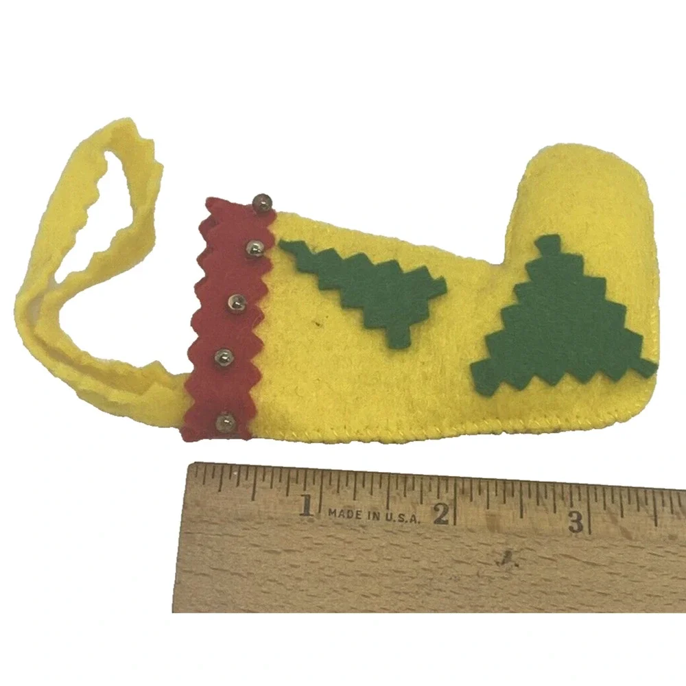 Vintage Christmas Stocking 3 1/2” Felt Yellow Red Green Beads Tree Holiday Gift